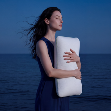 Overhead view of MemoryOne Hybrid Pillow on blue bedding